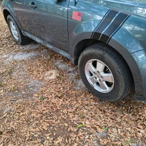 May include: A teal SUV with black racing stripes and an American flag sticker. The vehicle has silver wheels and is parked on a leaf-covered surface.