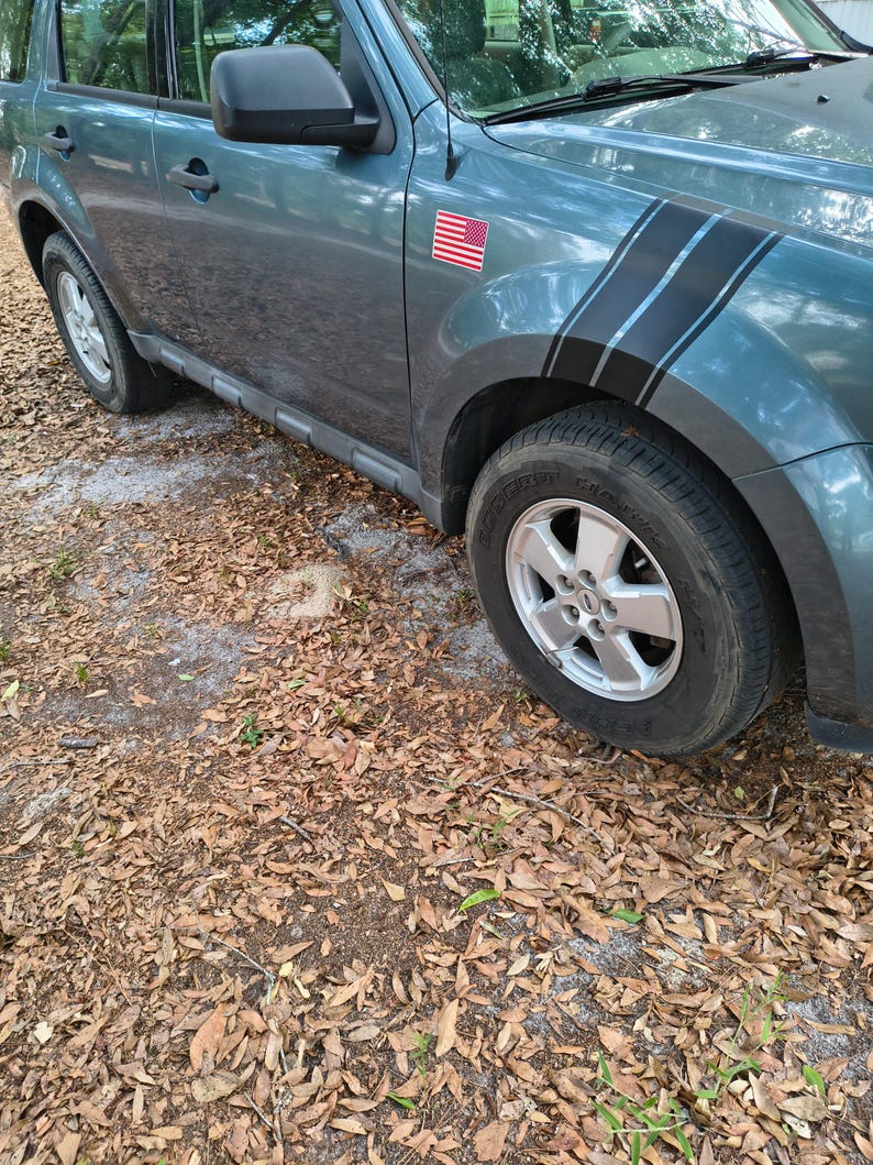 May include: A teal SUV with black racing stripes and an American flag sticker. The vehicle has silver wheels and is parked on a leaf-covered surface.