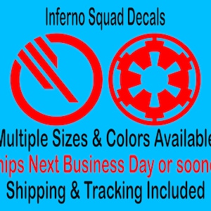 Puede incluir: Dos calcomanías de vinilo rojas, una con el logotipo de Inferno Squad y la otra con el símbolo imperial. El texto "Inferno Squad Decals" está en la parte superior de la imagen. El texto "Multiple Sizes & Colors Available" está debajo de las calcomanías. El texto "Ships Next Business Day or sooner" está debajo de eso. El texto "Shipping & Tracking Included" está en la parte inferior de la imagen.