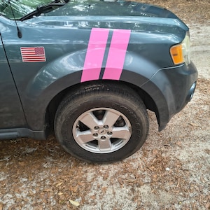 May include: A teal SUV with a pink stripe design on the front fender. An American flag sticker is visible on the side. The vehicle has a silver wheel and a black tire.