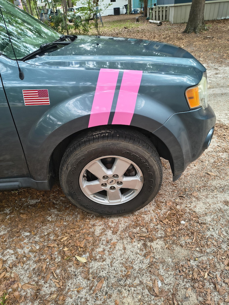 May include: A teal SUV with a pink stripe design on the front fender. An American flag sticker is visible on the side. The vehicle has a silver wheel and a black tire.