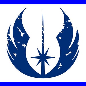 May include: A blue and white graphic featuring a stylized emblem with a central vertical element and curved, wing-like shapes on either side. The design has a distressed, textured appearance, set within a blue border.