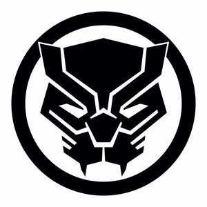 May include: Black and white silhouette of a panther's head inside a black circle.