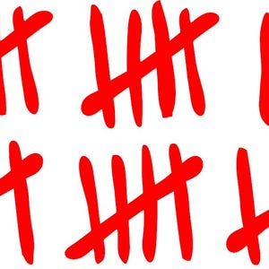 May include: A set of red tally marks, with five marks in each row, used for counting. There are four rows of tally marks, totalling twenty marks.
