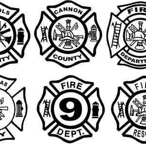 May include: Six black and white fire department emblems with different names and locations. The emblems are in the shape of a Maltese cross with a circle in the centre. The text on the emblems includes "Echols County", "Cannon County", "Fire Department", "Douglas City", "Fire Dept. 9", and "Fire Rescue".