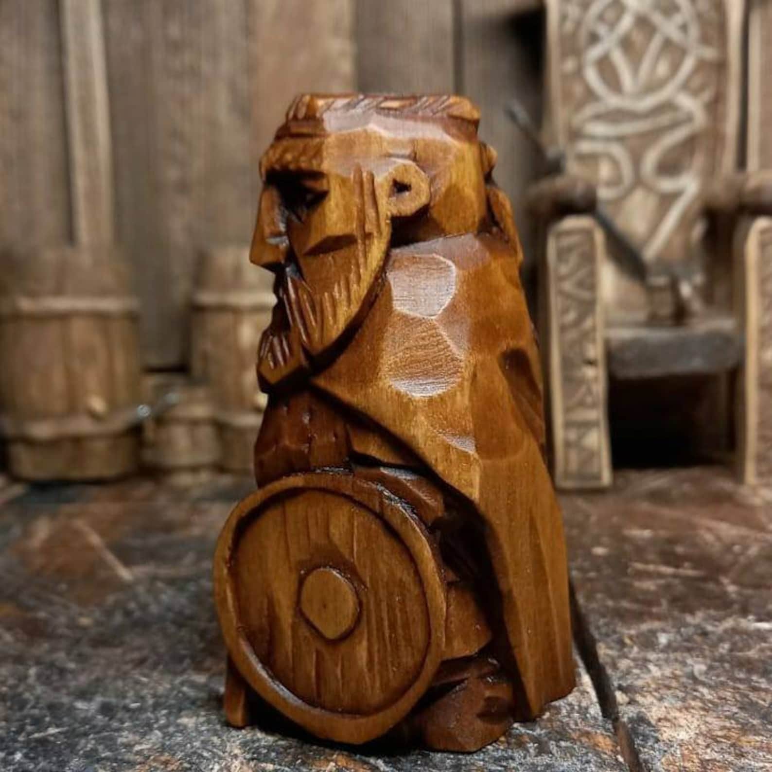 Viking Wood Carving Furious Handmade Viking Wooden Figure Etsy