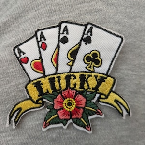 Écusson porte-bonheur brodé - floral - écusson de veste en jean - thermocollant - écusson à coudre - inspiration - cartes de poker - as - Vegas Casino