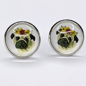 Pug earrings - dog earrings - pet jewelry - puppy jewelry - animal earrings - dog stud earrings - pug dog earrings - for kids - flower studs
