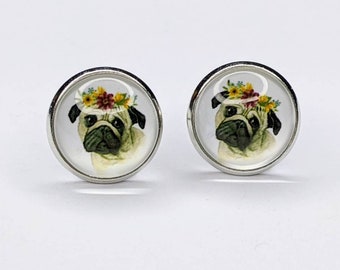 Pug earrings - dog earrings - pet jewelry - puppy jewelry - animal earrings - dog stud earrings - pug dog earrings - for kids - flower studs