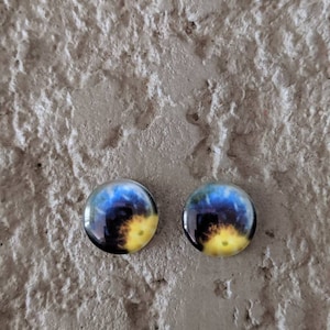 Galaxy earrings - blue and yellow earrings - dome earrings - galaxy jewelry - stud earrings - fire earrings - space earrings - pierced ears
