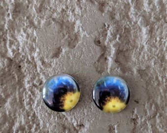Galaxy earrings - blue and yellow earrings - dome earrings - galaxy jewelry - stud earrings - fire earrings - space earrings - pierced ears