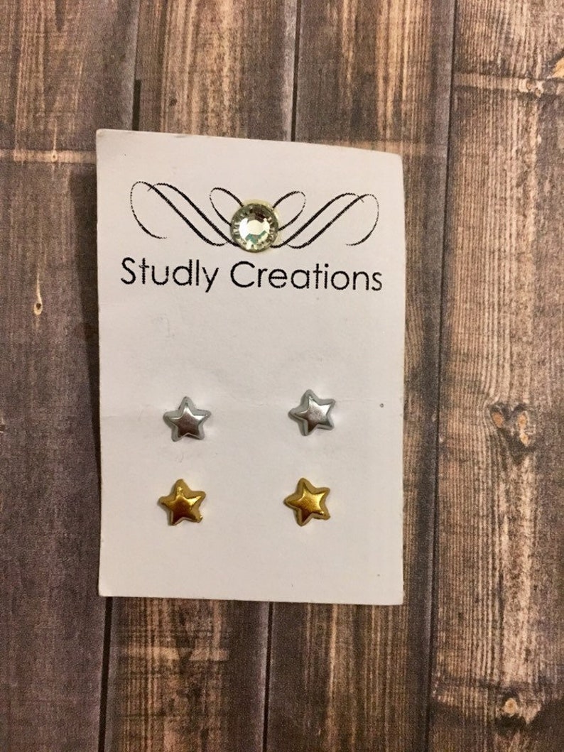 dainty galaxy for kids mini earrings chrome and copper tiny studded stars Silver and gold mini star earrings
