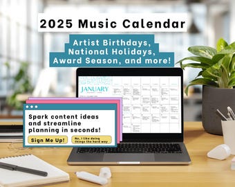 Calendario de contenidos musicales 2025 / Descarga instantánea en formato PDF digital / Músico / Locutor de radio / Música en vivo / Conciertos / Gestor de redes sociales