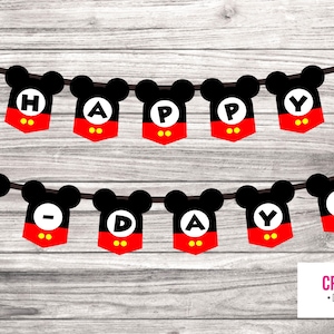 Mickey Mouse happy birthday banner template. Ready to print at home.