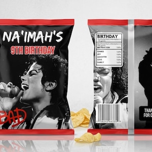 May include: A black and red snack bag featuring a black and white portrait of Michael Jackson singing into a microphone, with the text NA'IMAH'S 9TH BIRTHDAY and BAD in red. The back displays a nutritional label for BIRTHDAY FUN and a silhouette.