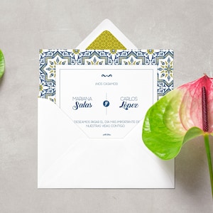 Mexican tile-style wedding invitations, with colors blue and mustard.