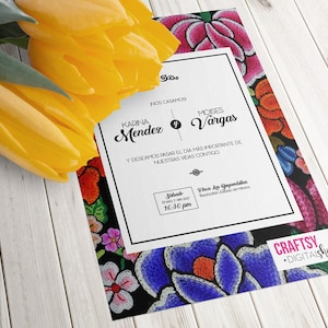 Mexican style wedding invitations, with Oaxacan flowers embroidered on black background image 4