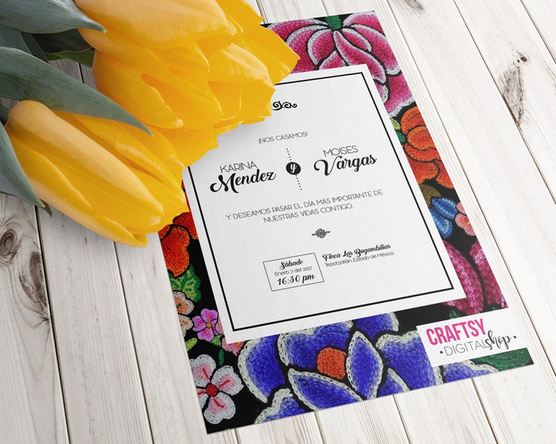 Mexican style wedding invitations, with Oaxacan flowers embroidered on black background image 4