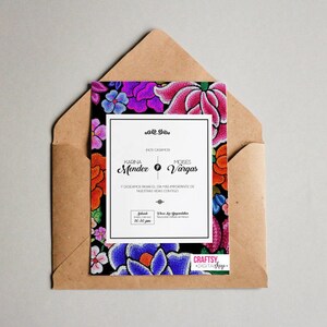 Mexican style wedding invitations, with Oaxacan flowers embroidered on black background