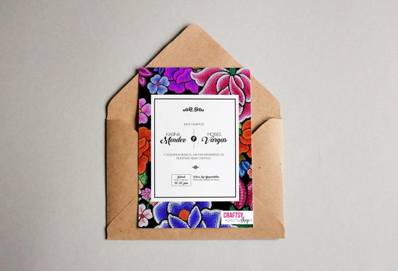 Mexican style wedding invitations, with Oaxacan flowers embroidered on black background image 1