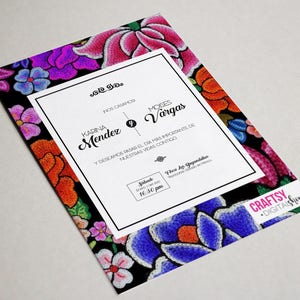 Mexican style wedding invitations, with Oaxacan flowers embroidered on black background image 2