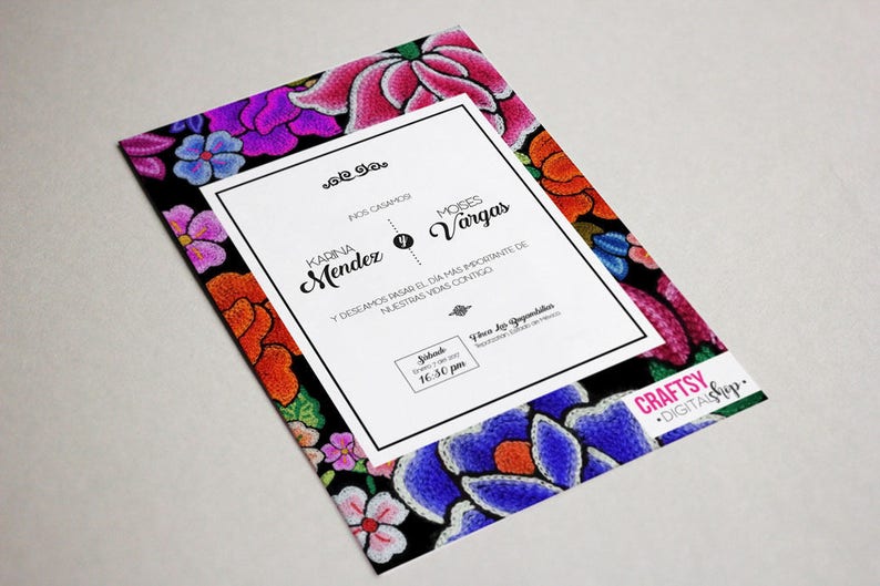 Mexican style wedding invitations, with Oaxacan flowers embroidered on black background image 2