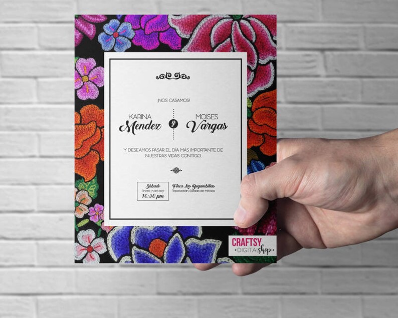 Mexican style wedding invitations, with Oaxacan flowers embroidered on black background image 5