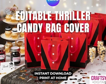 Thriller Candy Bag Cover Editable in Canva, MJ Inspired Party Favor Wrapper, Printable Treat Bag Template, Instant Download Halloween Part