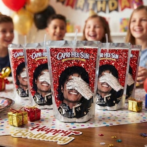 May include: A collection of silver foil drink pouches featuring a graphic of a person with dark hair wearing a dark jacket and a white sequined glove over their eyes. The text Capri Hee-Sun is printed at the top of each pouch with a red glitter background.