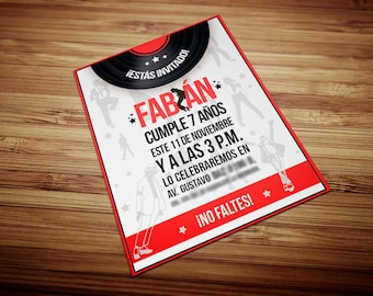May include: A white and red birthday party invitation with black silhouettes of people dancing. The invitation says "Fabrán cumple 7 años este 11 de noviembre y a las 3 p.m. lo celebraremos en av. Gustavo ¡No faltes!"