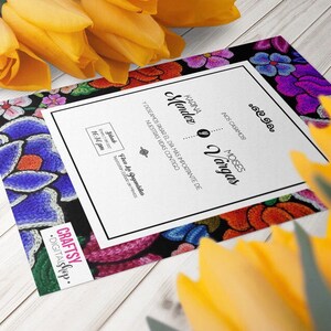 Mexican style wedding invitations, with Oaxacan flowers embroidered on black background image 3