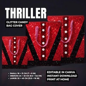 Thriller Glitter Candy Bag Cover Editable in Canva, MJ Inspired Party Favor Wrapper, Printable Halloween Treat Bag Template Instant Download