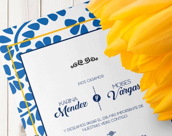 Mexican style wedding invitations, mexican talavera texture.