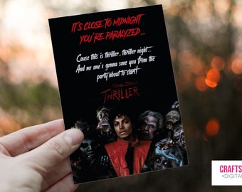 May include: A black card featuring the text "IT'S CLOSE TO MIDNIGHT YOU'RE PARALYZED..." in red and white, with lyrics from Michael Jackson's "Thriller." The image includes a portrait of Michael Jackson and zombie figures.