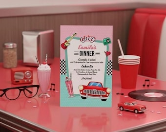 Modèle d'invitation pour une soirée Grease | Invitation imprimable sur le thème rétro des années 50 | Personnalisez-la et imprimez-la vous-même