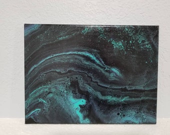 Pour painting, acrylic abstract black and teal