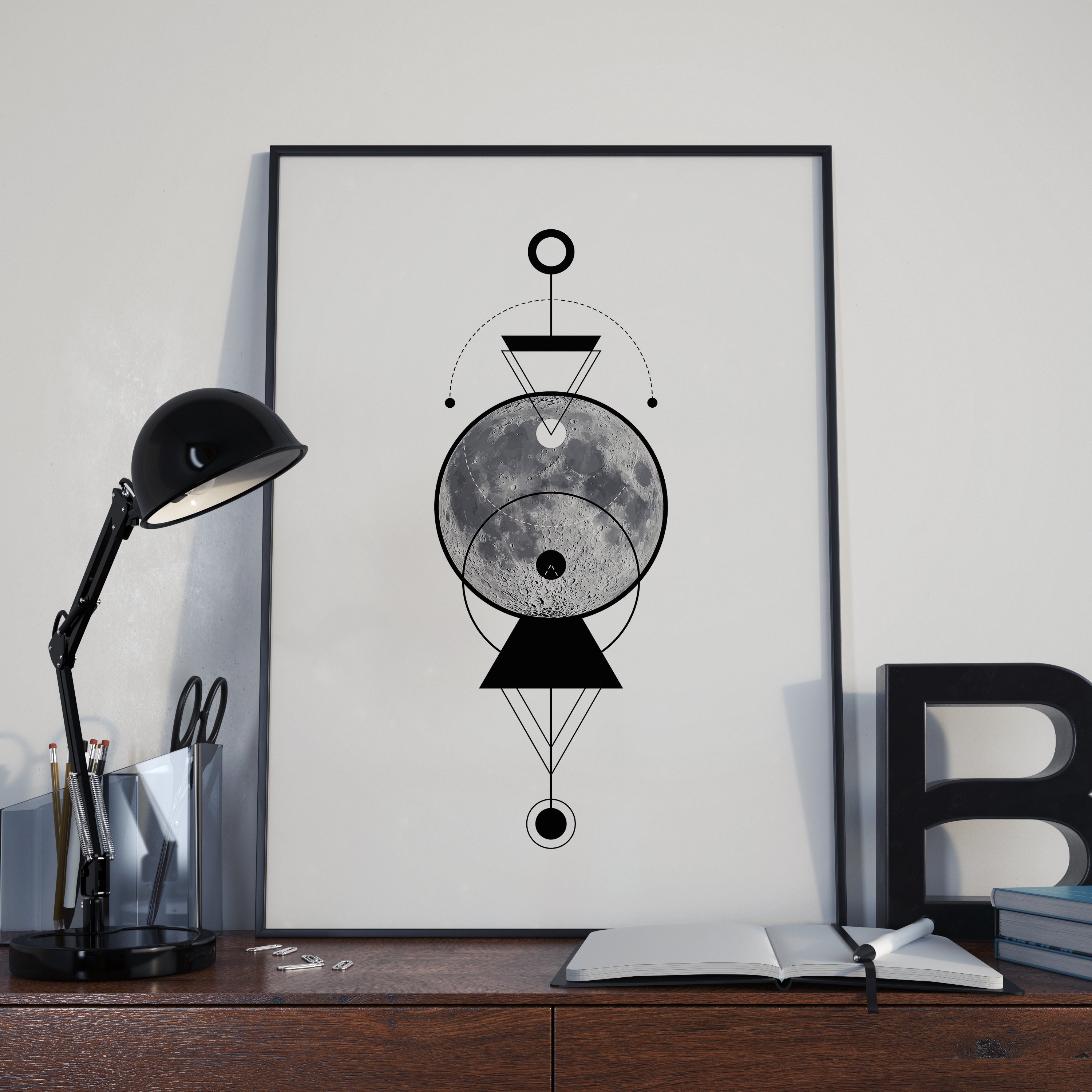 Geometric Moon Printable Art Black and White Poster Full | Etsy