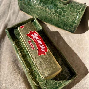 Handmade Jade Green Ceramic Butter Dish with Floral Lid