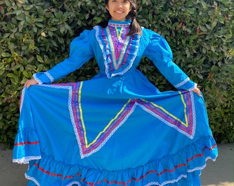 Vestido Jalisco Azul: Vestido de Popelina para Niña de Fiesta Mexicana