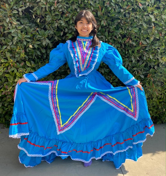 Blue Jalisco Dress: Mexican Fiesta Girl's Poplin Dress - Etsy Hong Kong