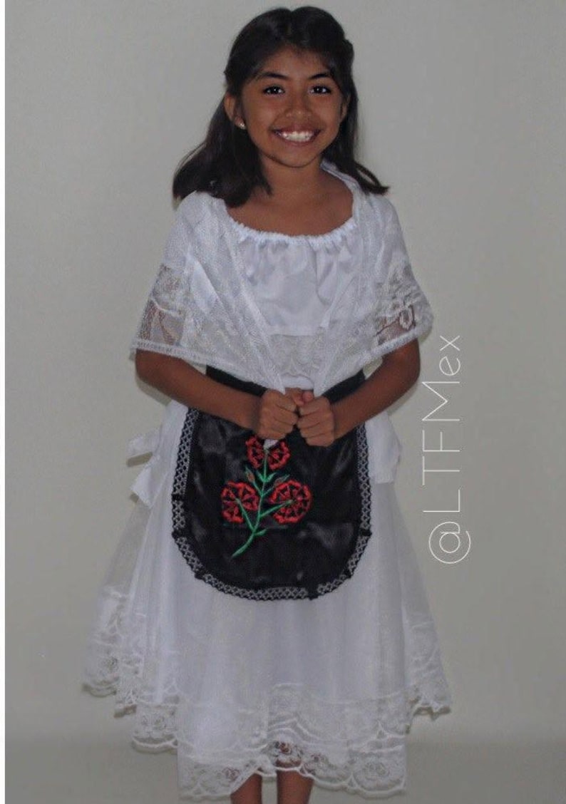 May include: A white dress featuring a gathered neckline, short lace sleeves, and a white skirt with a lace hem. A black apron with red floral embroidery and a black lace border is worn over the dress. The text @LTFMex is visible on the right.