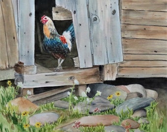 Rooster 9x12 watercolor original, old barn, rustic barn, chicken art, small painting