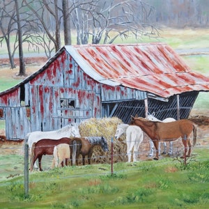 Original Oil Painting: Horses at Old Barn, Rustic Farm Art (11x14)