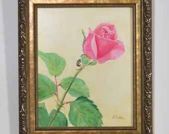 Pink Rose 8x10 watercolor original, varnished, no glass,  rose painting, small framed painting, needs no glass