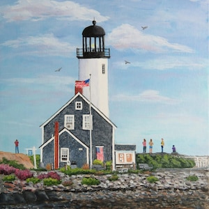 May include: An acrylic painting of a lighthouse with a white tower and black top. The building is dark blue with white trim and an American flag. The scene includes a blue sky, clouds, and people.