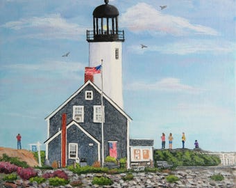 Scituate Lighthouse Seascape Painting: 9x12 Hand Painted - Massachusetts Painting