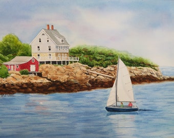 Seascape 9x12 watercolor original, Maine art, sailboat, boathouse, small painting