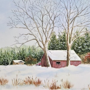 Old Barn 9x12 watercolor original, hand painted, barn in winter, snow landscape, red barn, small painting