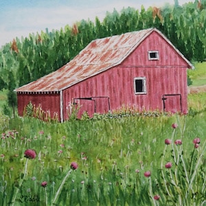 Old barn 9x12 watercolor original, hand painted, thistles, woods, pink barn