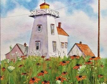 Original Watercolor Lighthouse Painting: North Rustico, Prince Edward Island Art